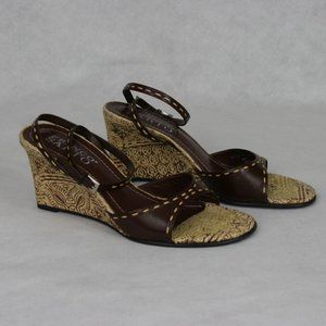 Franco Sarto Leather Woven Wedge Sandal w/ Double Loop Ankle Strap SZ 7.5M